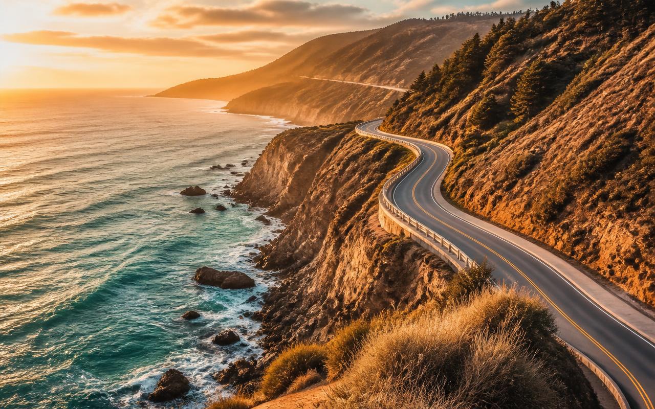 Estrada costeira ao pôr do sol, representando liberdade e o desejo de viajar
